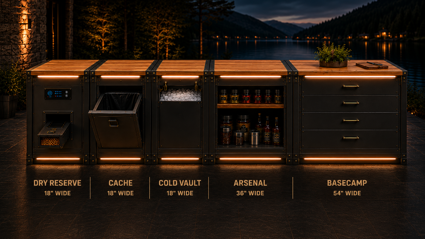 Grill Armory full product lineup — Dry Reserve, Cache, Cold Vault, Arsenal, Basecamp